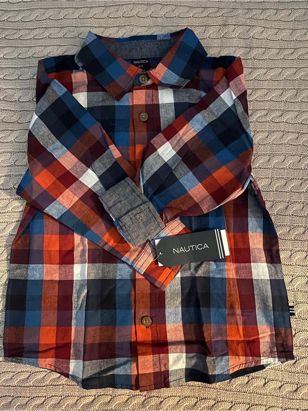 Nautica Boy’s Blue, Orange & White Plaid Button-Down Shirt